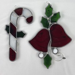 Vintage Christmas Stained Glass Suncatcher Candy Cane And Bells