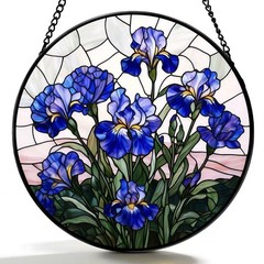 Stained Glass Suncatcher Blue Iris Window Hanging for Garden Home Decor