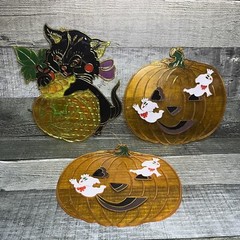 Vintage Pumpkin Time Halloween Suncatchers Lot of 3 Cat And 2 Pumpkins