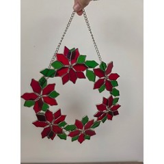 Stained Glass Poinsettia Wreath Suncatcher Christmas Holiday Window Hanging Red