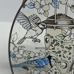 Garden Birds On The Feeder Art Glass Suncatcher Chickadee Bluebird Floral AMIA