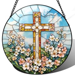 Stained Glass Cross Suncatcher – 7.9″ Dogwood Flower Window Decor Gift