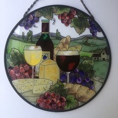 Joan Baker Stained Glass Wine Cheese Grapes & Vineyard Suncatcher 10″ PLUS STAND