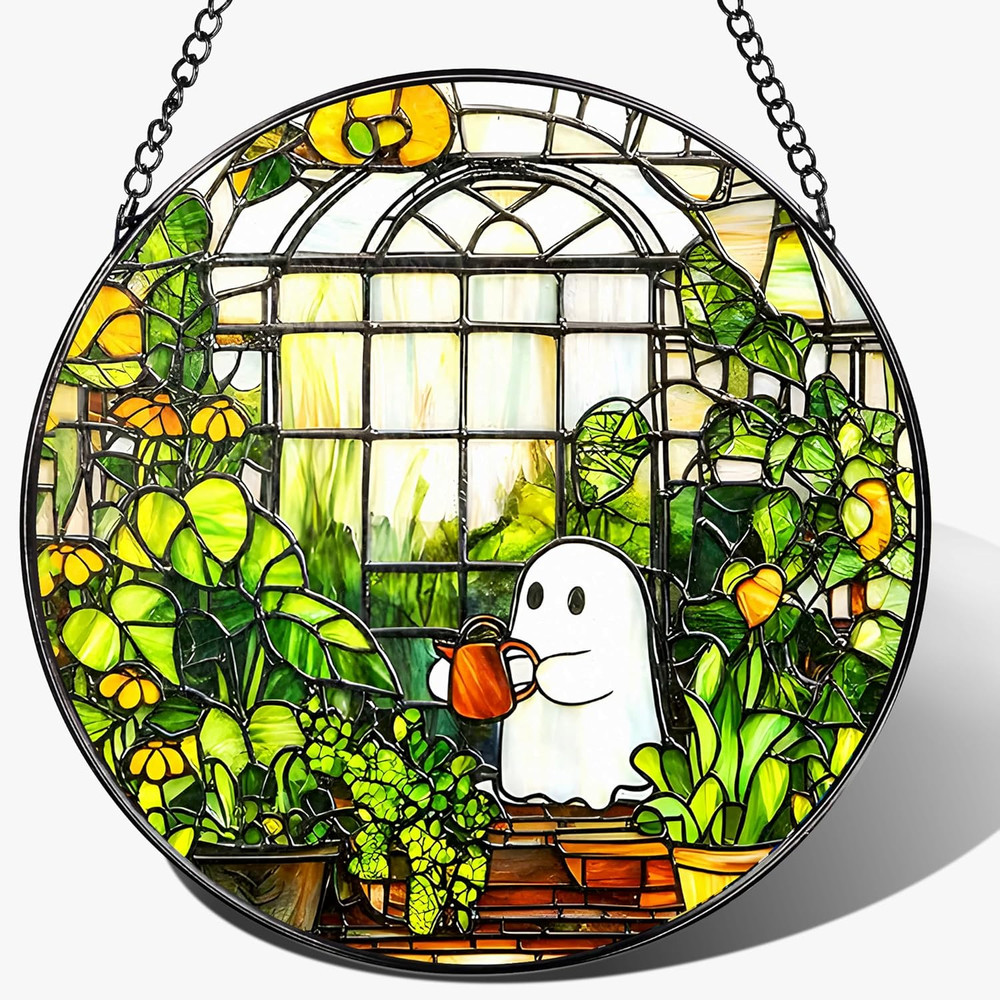 8” Halloween Ghost Greenhouse Sun Catcher Ornament, Stained Glass Window Hangin