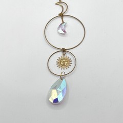 Celestial Moon Star Sun Suncatcher Crystal Chain Charm Window Gold 16”