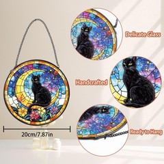 “Cat Stained Glass Window Hanging Suncatcher with Moon & Stars for Indoor Decor”