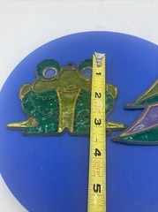 Vtg Frog & Pine Tree Suncatchers Stained Glass Woodland Green Yellow Pink Blue