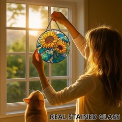 Sunflower Stained Glass Sun Catcher – Indoor Window Decor 7.8in Gift Idea
