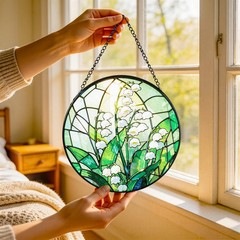 Lily of the Valley Stained Glass Suncatcher – Boho Wall Art Decor 7.8″