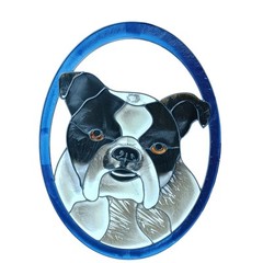 Vintage Wood Framed Stained Glass Bulldog Sun Catcher 17″ Wall Hanging Art