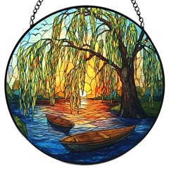 Weeping Sunset Lake Stained Glass Suncatcher Decor for Nature Lovers, 7.9″