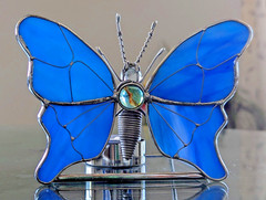 Blue Stained-Glass Butterfly Tea Light W/Marbles & Wire Body on Glass Stand