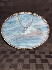 Stained Glass Hand Decorated Oval Shaped Sun Catcher With Dog Sled And Puppy