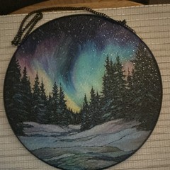 Round Glass Suncatcher Aurora Borealis Winter Forest Scene Hanging on Chain