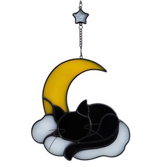 Sleeping Cat Stained Glass Windown Hanging,the Black cat Sleeping Under the C…