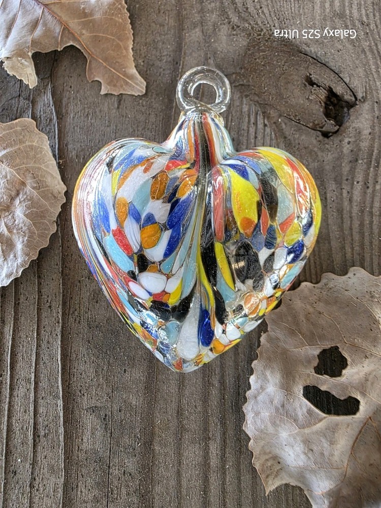 Millefiori Blown Glass Heart 4.5″ tall Puffy / Loop To Hang Suncatcher New OOAK