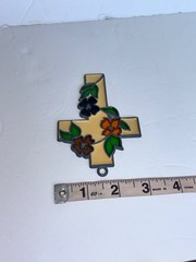 Vintage 70s Cross Flowers Stained Glass Enamel Sun Catcher Leaded Frame Purple