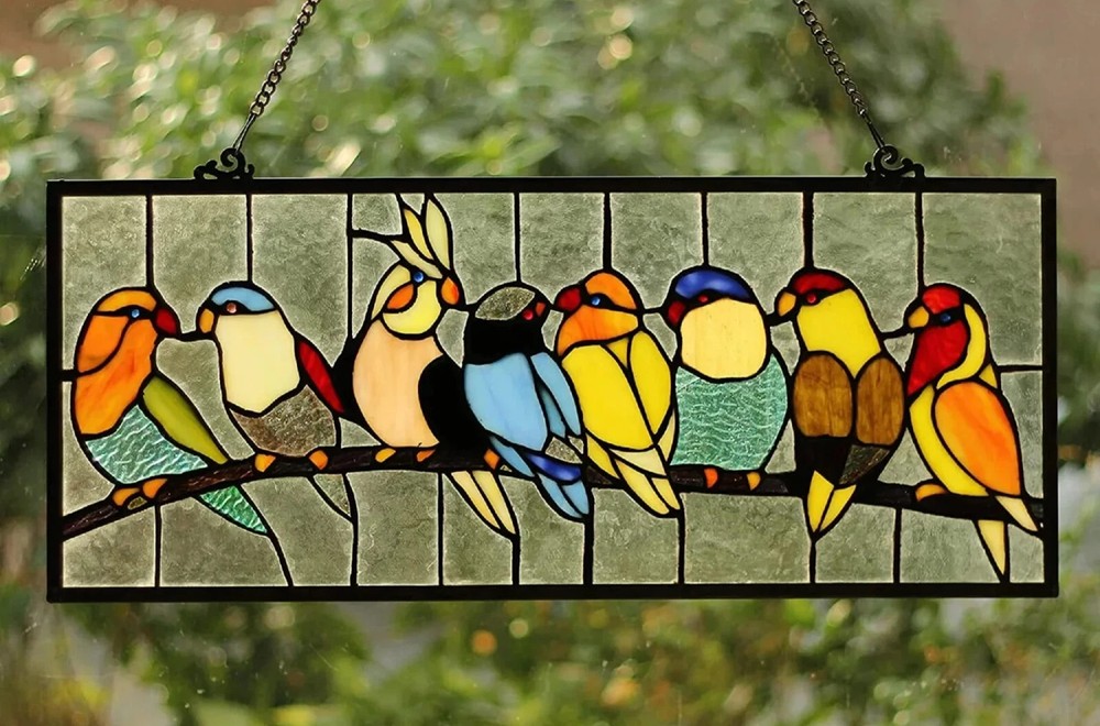 Tiffany Style Stained Glass Window Panel Flock of Birds