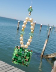 CRYSTAL SUN CATCHER with faux pearls and CRYSTAL BEADS green glass square
