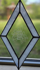 Stained Glass Diamond Suncatcher Etched Floral White Clear Medium 7in