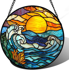 Stained Glass Window Hanging, Orange Sun Blue Sea Waves Landscape Suncatcher for