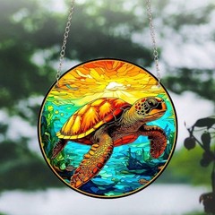 Sea Turtle Sunrise Suncatcher Double Sided Round Dyed Acrylic Decor 0009