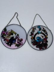 Vintage Glass Window Suncatcher Blue Birds Flowers Sunshine Lot Of 2