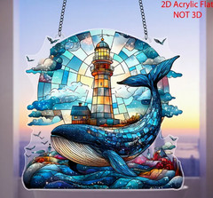SUNCATCHER- Colorful Whale and Lighthouse, Acrylic – 8×8″ Vibrant Hanging Decor