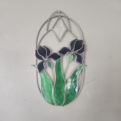 Vintage Handcraft Stained Slag Glass Hanging Sun Catcher Violet Dutch Iris 6×12