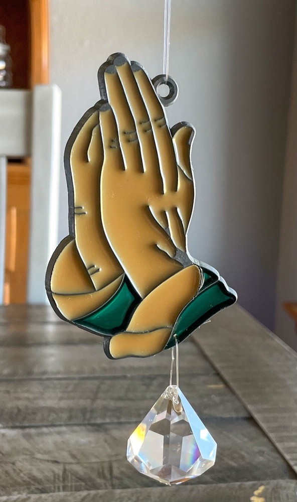 Vintage Praying Hands Suncatcher Acrylic & Metal With Crystal Religious Decor