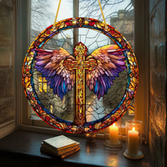 Large Wings of Faith Acrylic Suncatcher, Cross & Angel Wings, Stained Glass Look