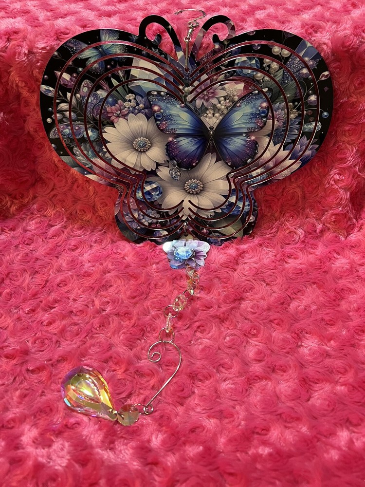 Butterfly Shaped Metal Windspinner With Suncatcher Tail