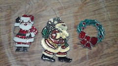 Vintage Stained Glass Christmas Ornaments 2 Santa’s, 1 Wreath Set Of 3