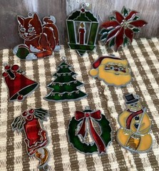 Christmas Stained Glass Suncatchers 9 Vintage Holly Bells Tree Candle Cat Santa