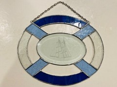 GENUINE LEADED Vintage Stained Glass Beveled Blue Sun Catcher Etched Sailboat