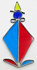 VTG XL BIG 8″ WELDED STAINED GLASS CIRCUS CLOWN BLU RED YELLOW Silver tone metal