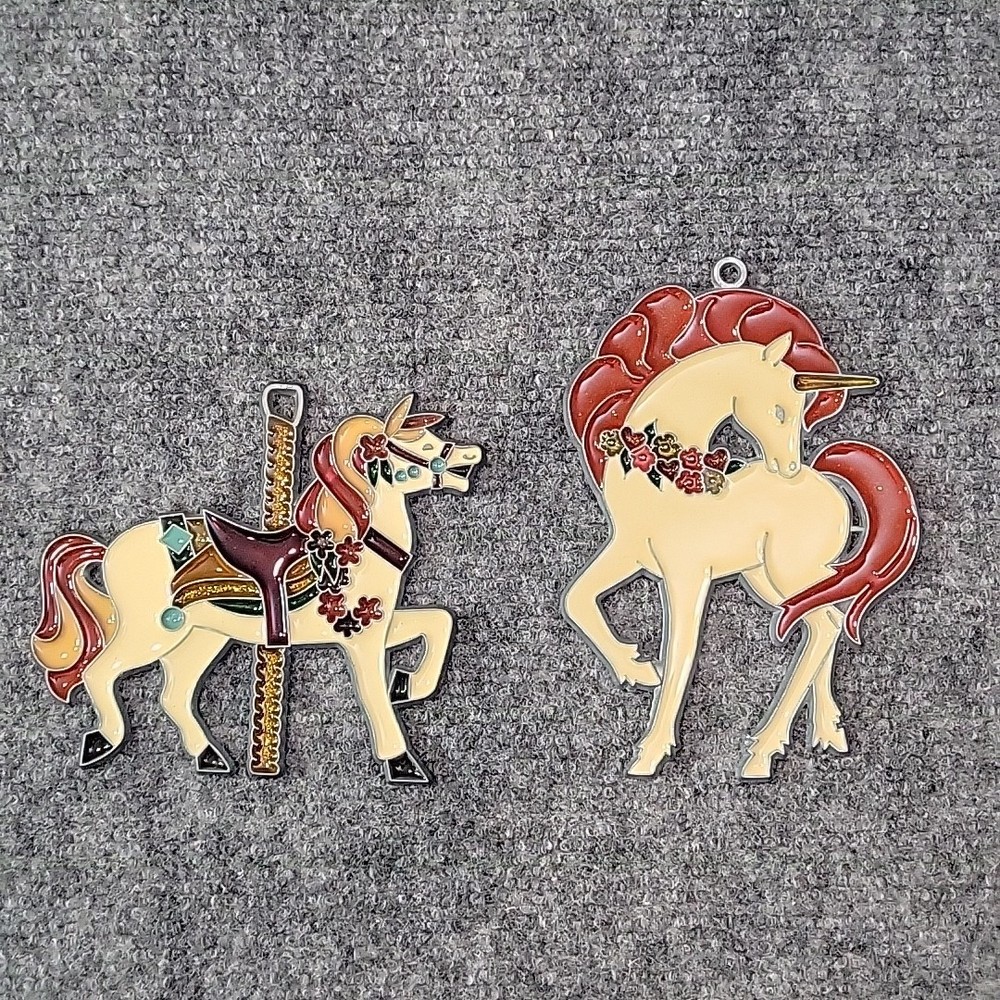 Vintage Stained Glass Unicorn Suncatcher Ornament Lot of 2 Carousel Flowers