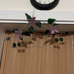 Vintage 90s Stained Glass Suncatcher Pink Green Floral Iridescent Cottage Decor