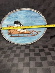 Stained Glass Hand Decorated Oval Shaped Sun Catcher With Dog Sled And Puppy