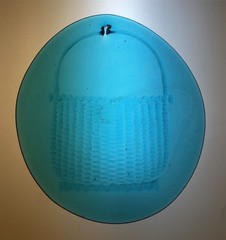 Blue-Green Pressed Glass Suncatcher, Basket Design, 8″x7″