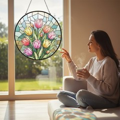Tulip Flowers Stained Glass Suncatcher, Colorful Tulip Bouquet Window Hanging