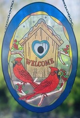 VTG Stained Glass Cardinal Suncatcher Welcome birdhouse Oval Hanging