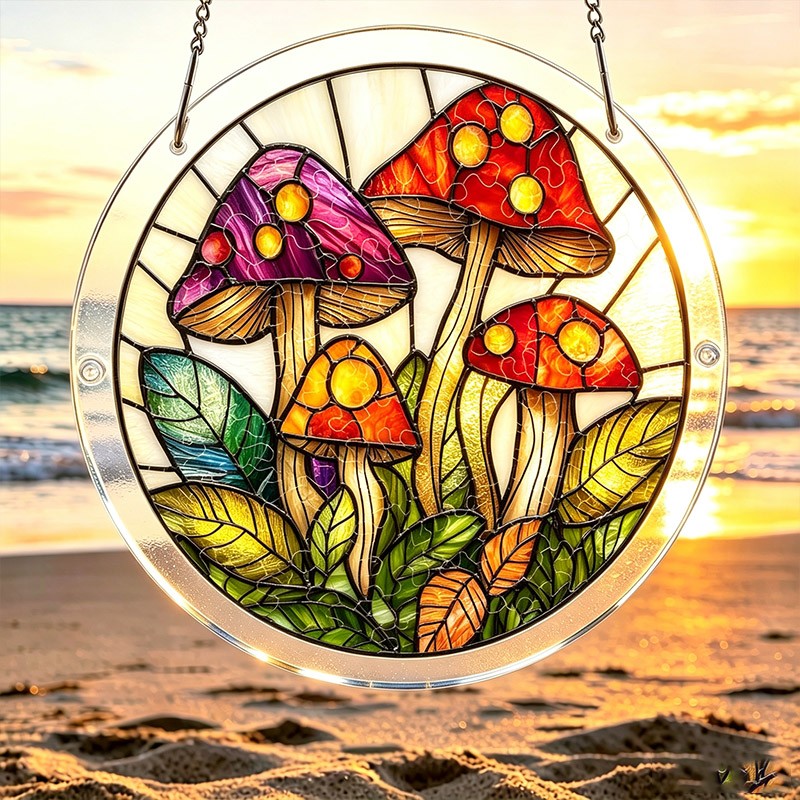 Simple Multi Size Spotted Mushroom Green Foliage Acrylic Puzzle Suncatcher Decor