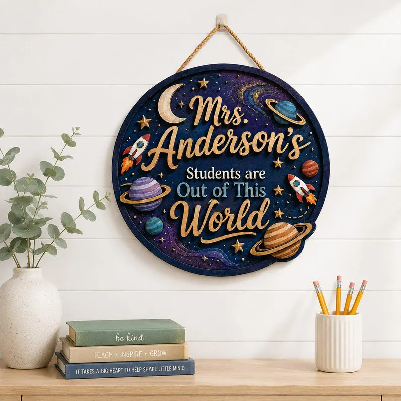 Personalized Space Teacher Wooden Sign with Rope Door Hanger Classroom Decor