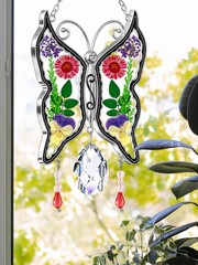 Butterfly Stained Glass Suncatcher with Real Flower Wings for Home Decor