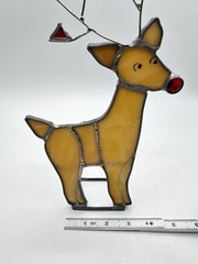 Vintag Stained Glass Reindeer Deer Brown Green Bell Suncatcher Christmas Decor