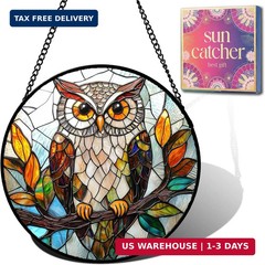 Owl Gifts for Women – Brown Bird Faux Stained Glass Window Hanging Sun Catcher f