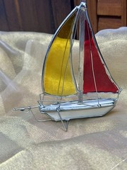 Vintage Estate Handmade Stained Leaded Glass Suncatcher Sailboat Ship Nautical