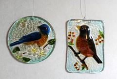 2 Fused Glass Robin Suncatchers Indented Rippled Painted Bird Ornaments