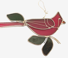 Stained Glass Sun Catcher Christmas Memory Cardinal Red Bird Green Leaves 7×4.5